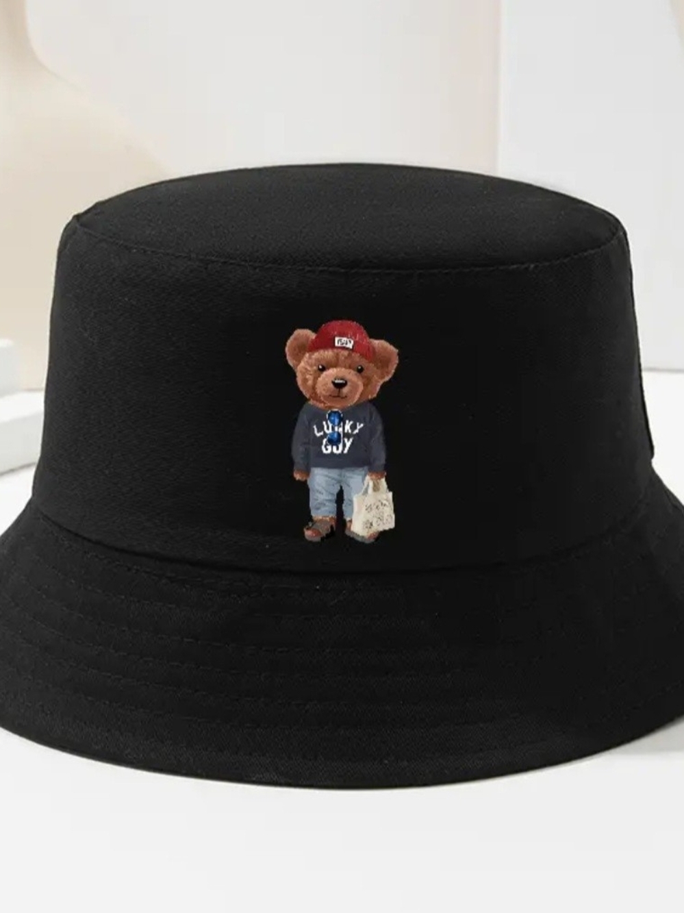 Black Teddy Bear Bucket Hat with Cute Bear Patch